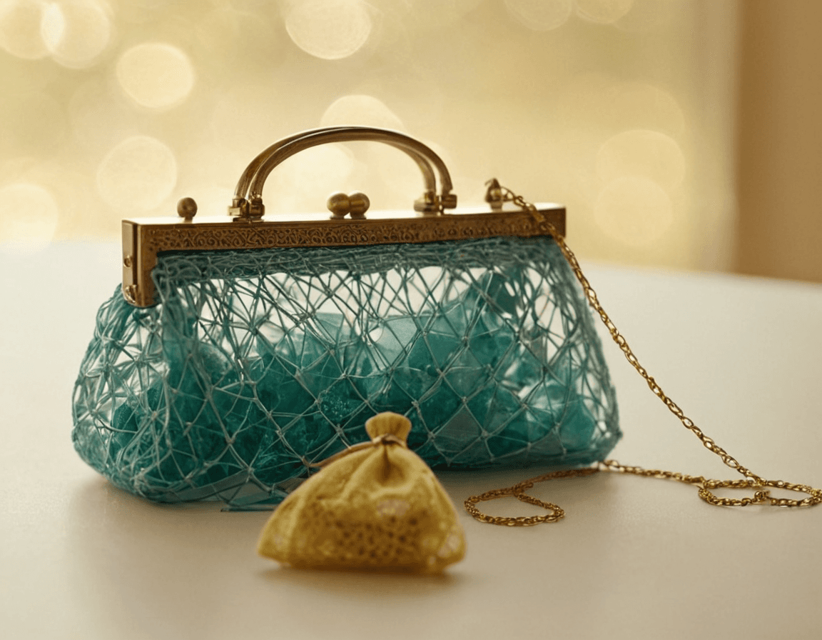 Vibrant display of handmade bags and sustainable fabrics against a natural backdrop, symbolizing ethical fashion sourcing.