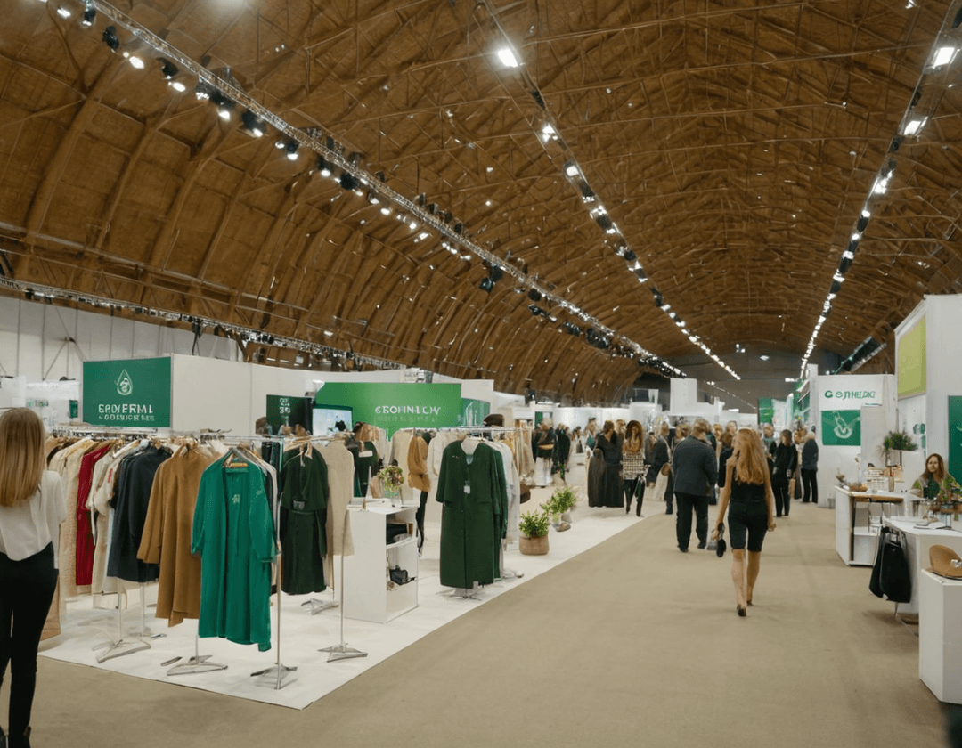 A lively image of a trade show floor buzzing with booths showcasing sustainable fashion products, banners touting eco-credentials in the air.