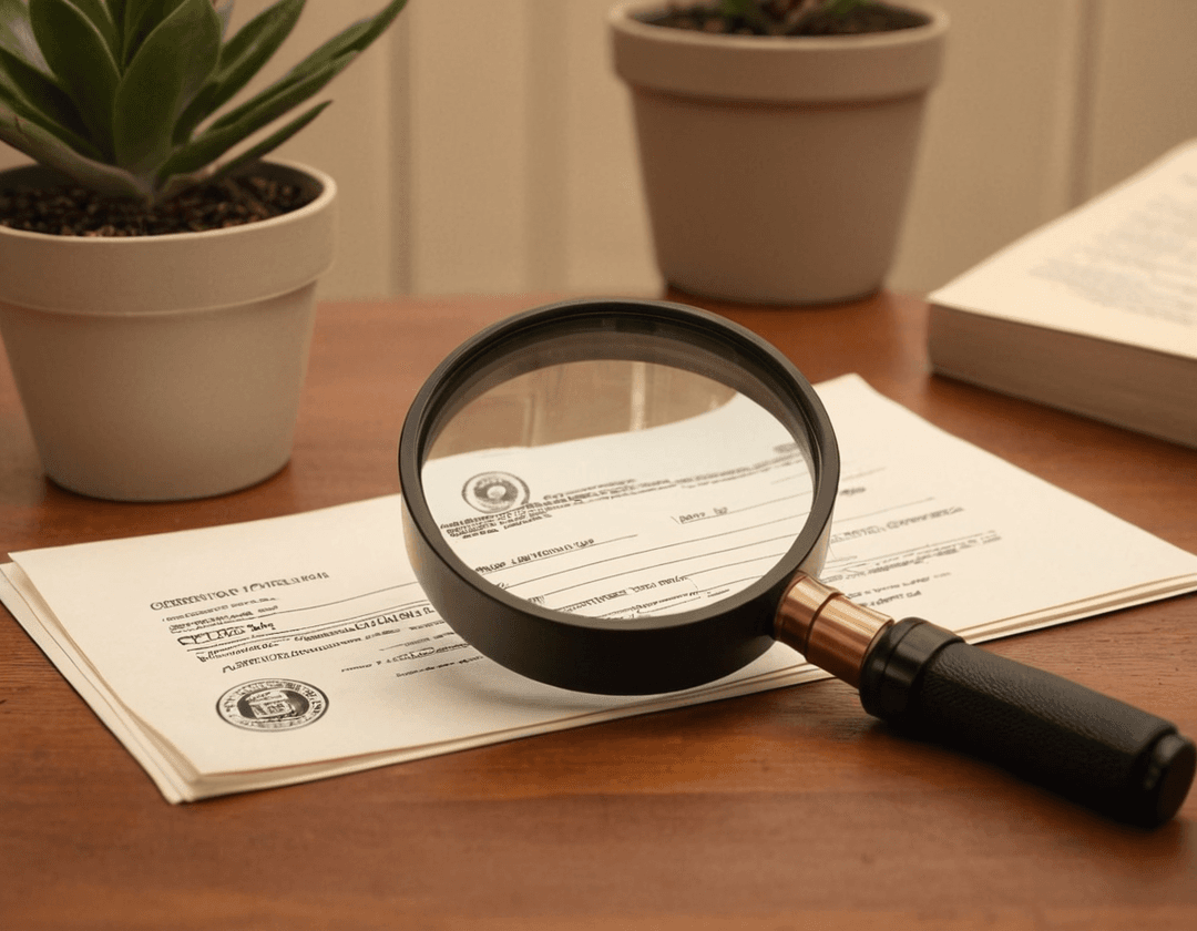 A striking image symbolizing transparency, featuring a magnifying glass over a stack of certification documents adorned with eco-friendly stamps.