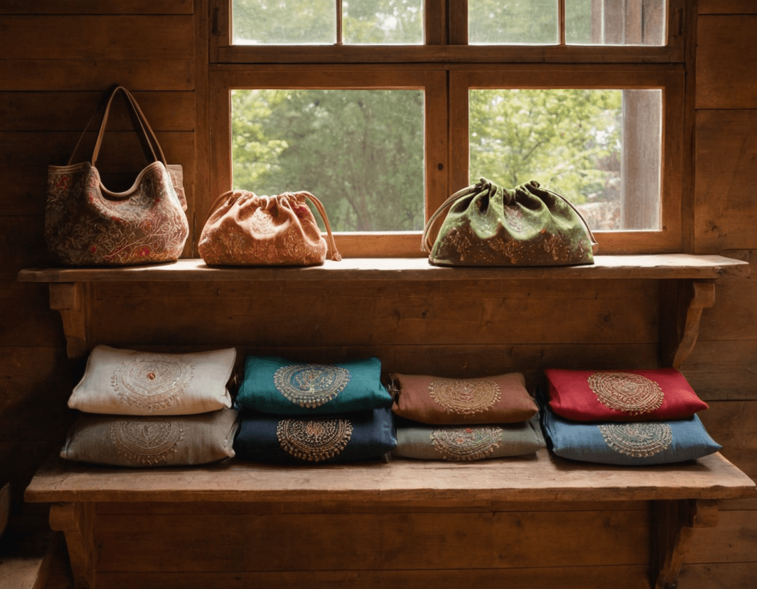 A gorgeous display of handmade bags and embroidered tees arranged on a rustic shelf, glowing in natural light.