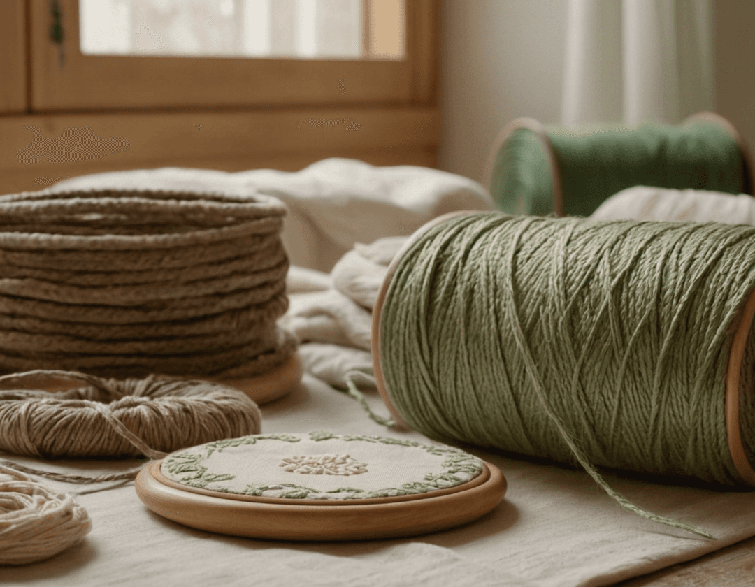 A serene scene of a rustic workshop table with organic cotton threads, wooden embroidery hoops, and neatly folded fabric scraps.