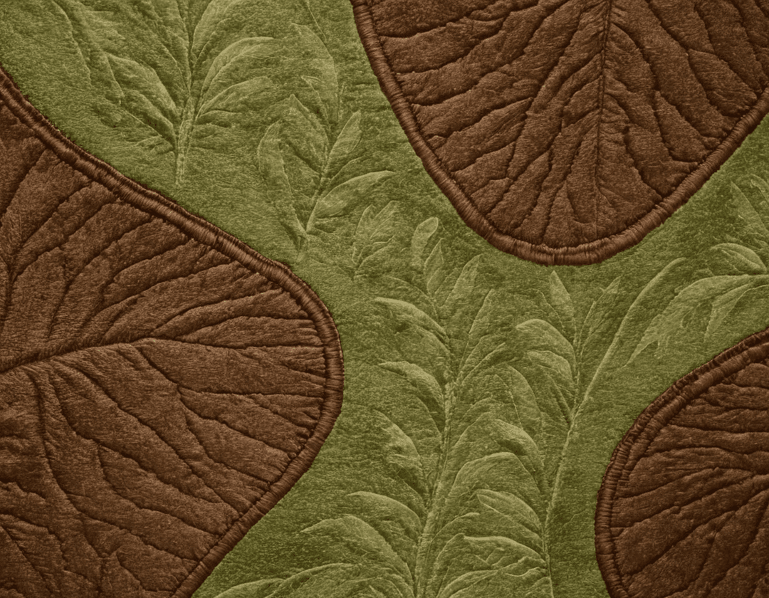 A vibrant, abstract representation of sustainability and craftsmanship with earthy green and brown hues, featuring cotton plants and stitching patterns.