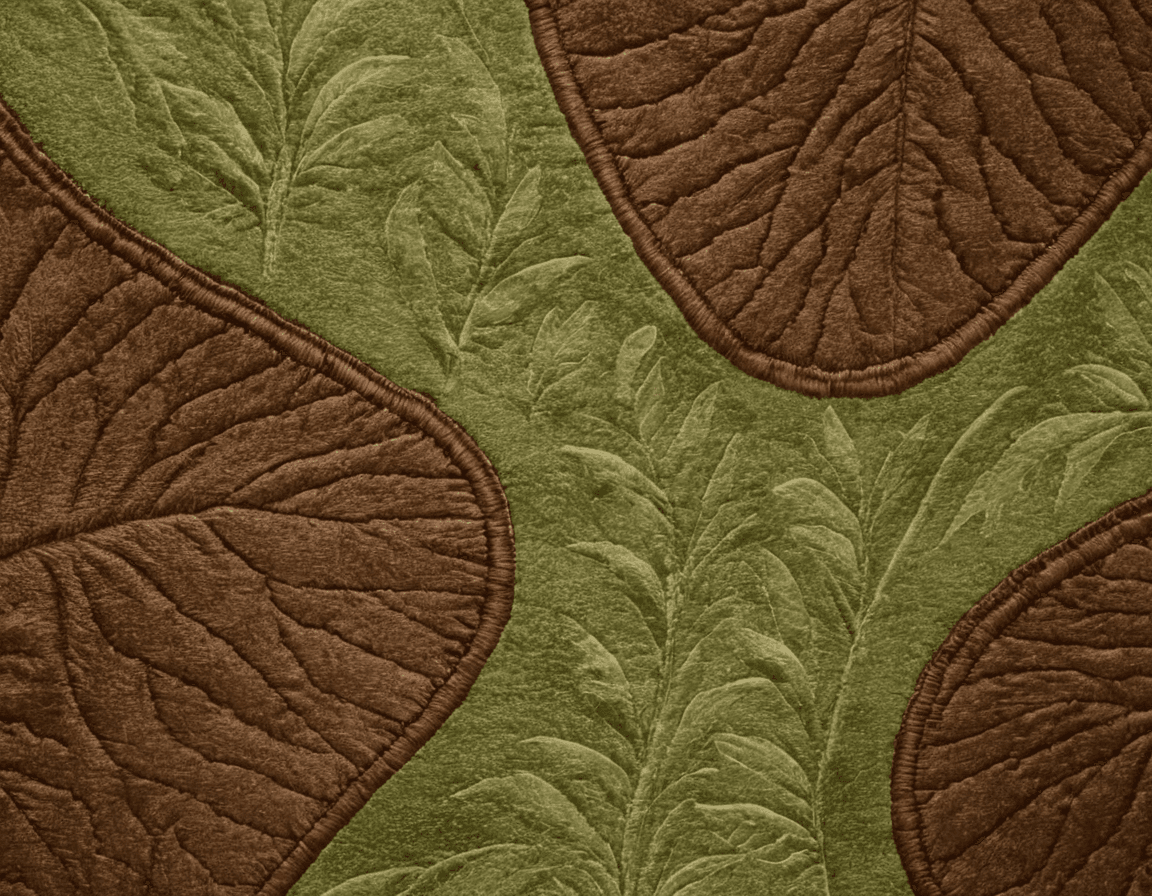 A vibrant, abstract representation of sustainability and craftsmanship with earthy green and brown hues, featuring cotton plants and stitching patterns.