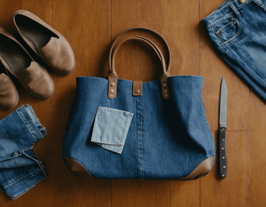 An artistic arrangement of discarded fabric scraps, old denim jeans, and leather pieces on a table, subtly forming the shape of a bag.
