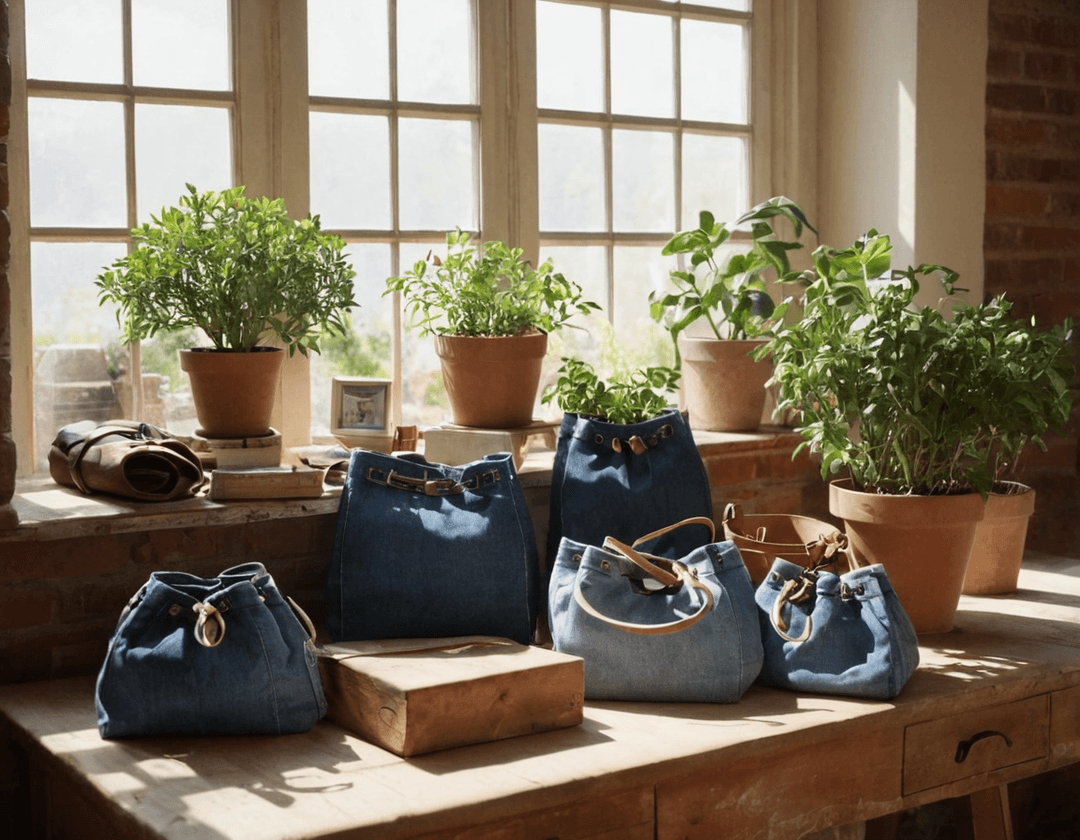A rustic workshop table displaying multiple upcycled bags crafted from denim, leather, and canvas, illuminated by sunlight with a potted plant.