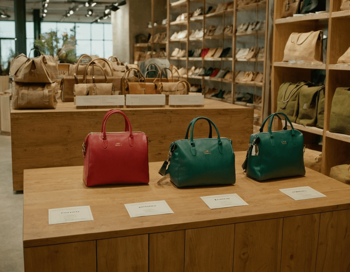 A display of sustainable bags alongside eco-friendly care instructions