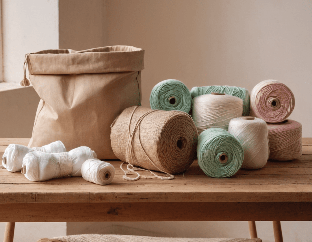 A close-up of a rustic wooden table displaying neatly folded cotton bags and biodegradable packaging materials, surrounded by spools of organic cotton thread in soft pastel shades.