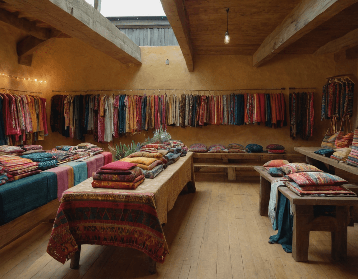 A vibrant marketplace scene at the IHGF Fair, featuring colorful textiles, handmade bags, and embroidered apparel displayed on wooden tables.
