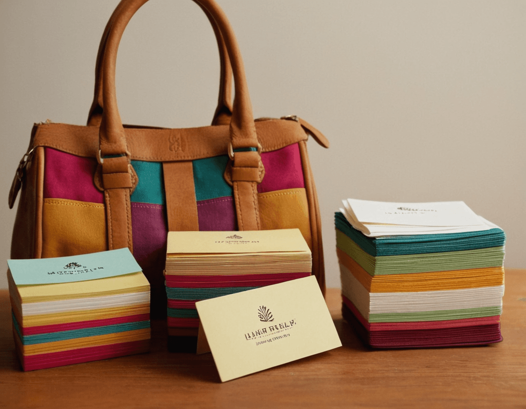 A stack of business cards resting on a desk beside a vibrant handmade*! bag