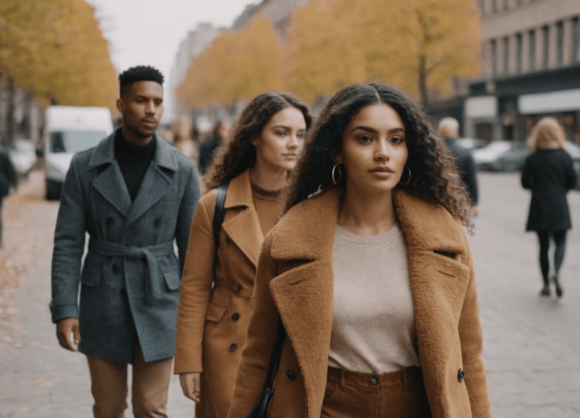 A brightly lit, eye-level, slightly aerial shot of a diverse group of fashionable people walking confidently down a city street lined with trees showing early autumn colours.